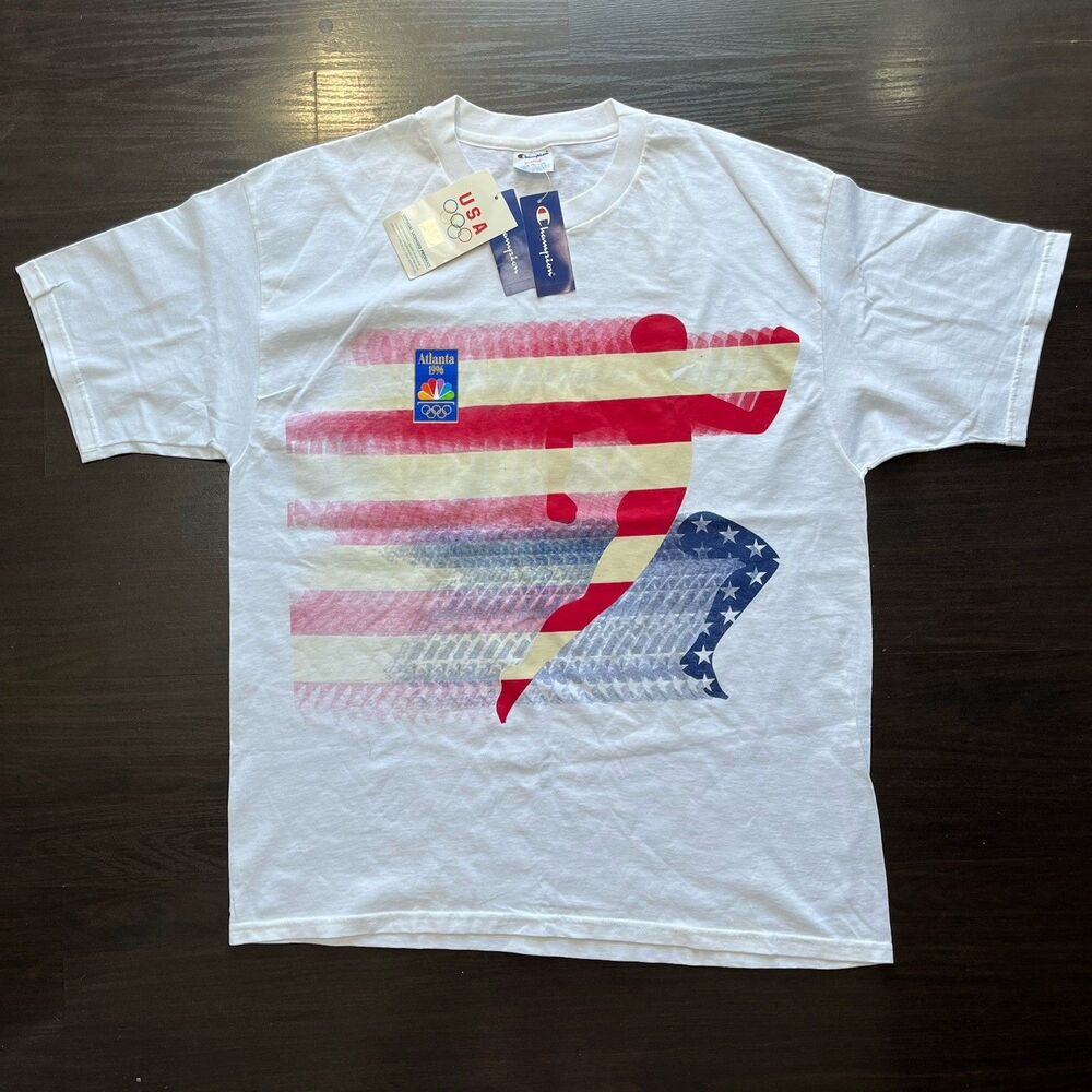Vintage 1996 Olympics Atlanta T-Shirt Mens XL White Champion USA Flag Logo Crew